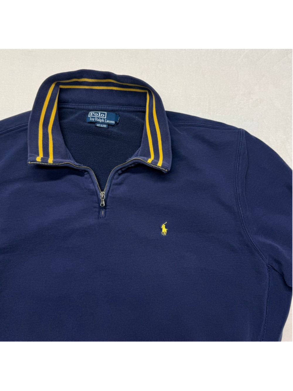 Men's Polo by Ralph‎ Lauren 1/4 Zip Up Sweater XXL Navy Blue Yellow Stripes